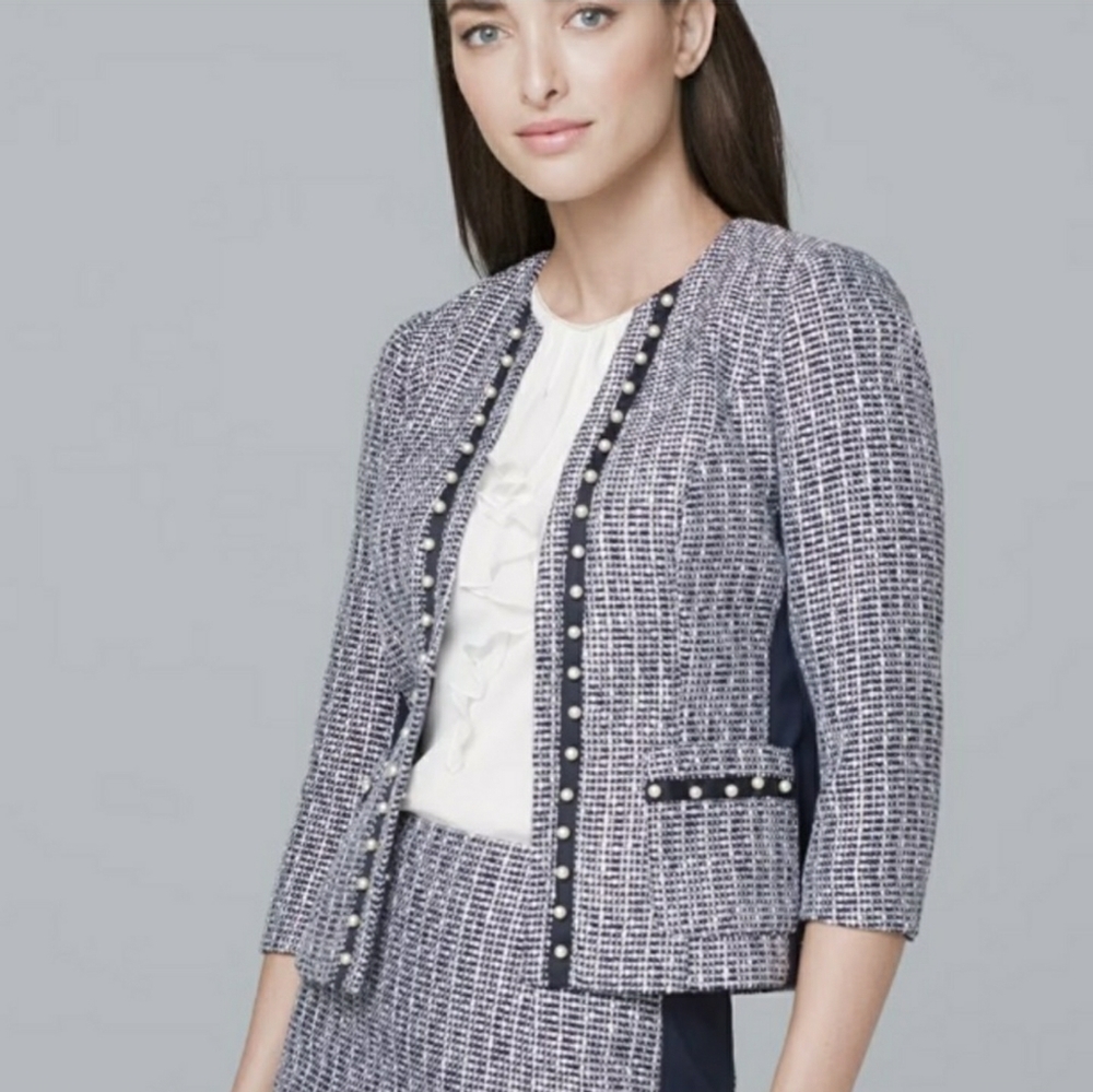 White House Black Market Tweed Lady Jacket with Pearls 3/4 Sleeve  Size 4